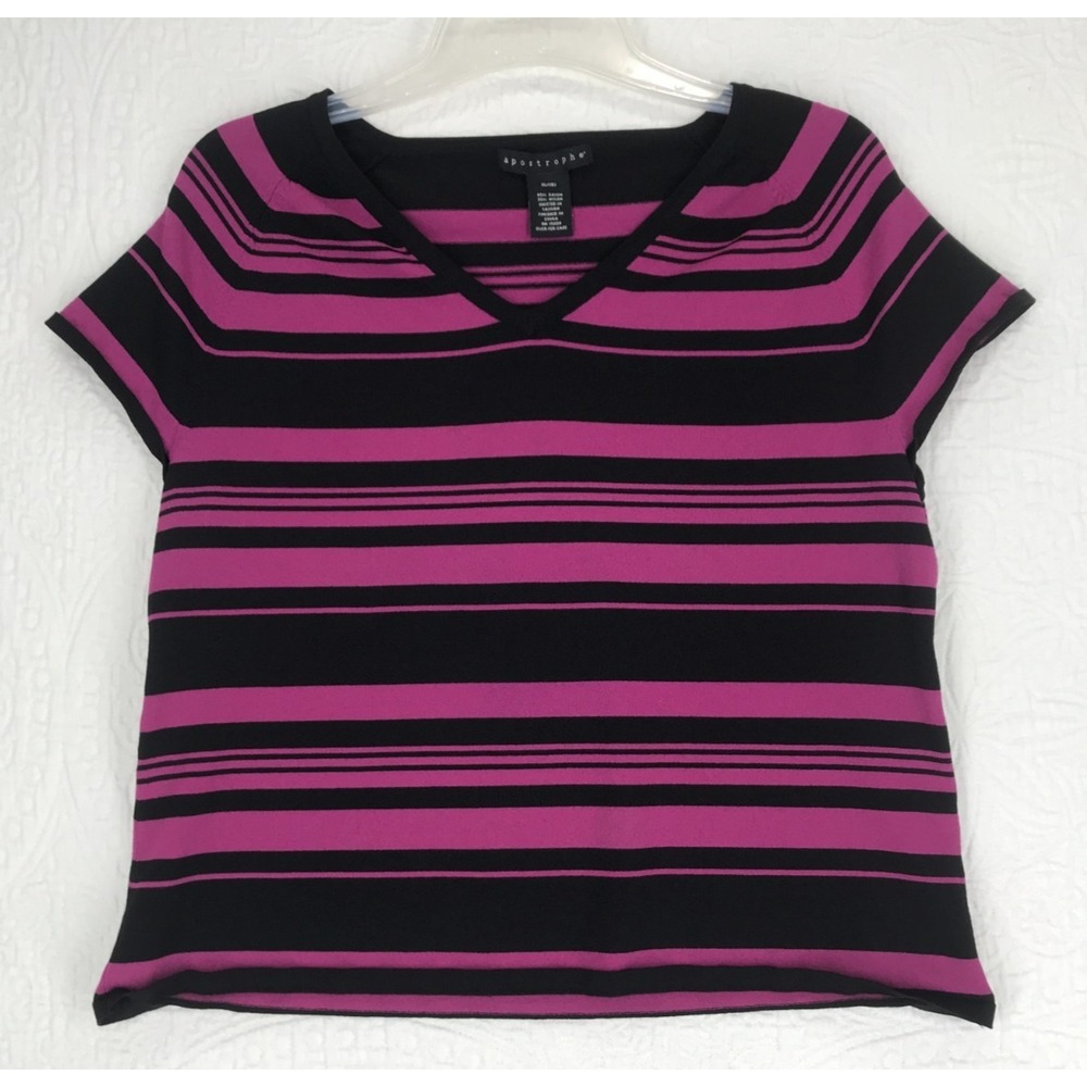 Apostrophe‎ TShirt Sz XL 18 Stretch Rayon Blend Cap Sleeves Fuchsia Black Stripe